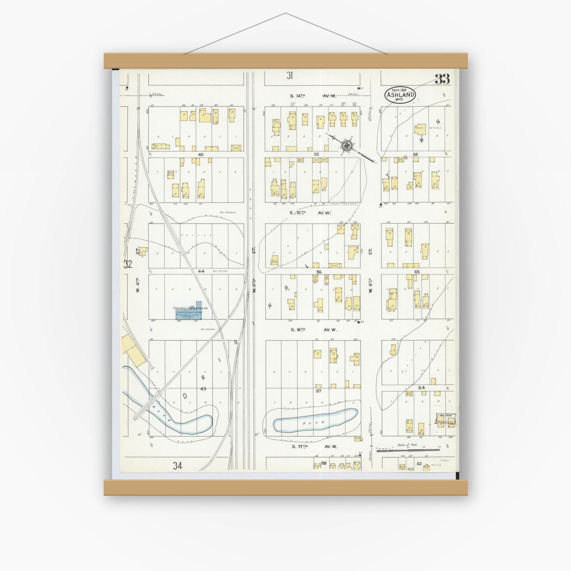 Old map wall art mockup — magnetic wood frame on white wall — Sanborn Fire Insurance Map from Ashland, Ashland County, Wisconsin (1909), Sheet #0033