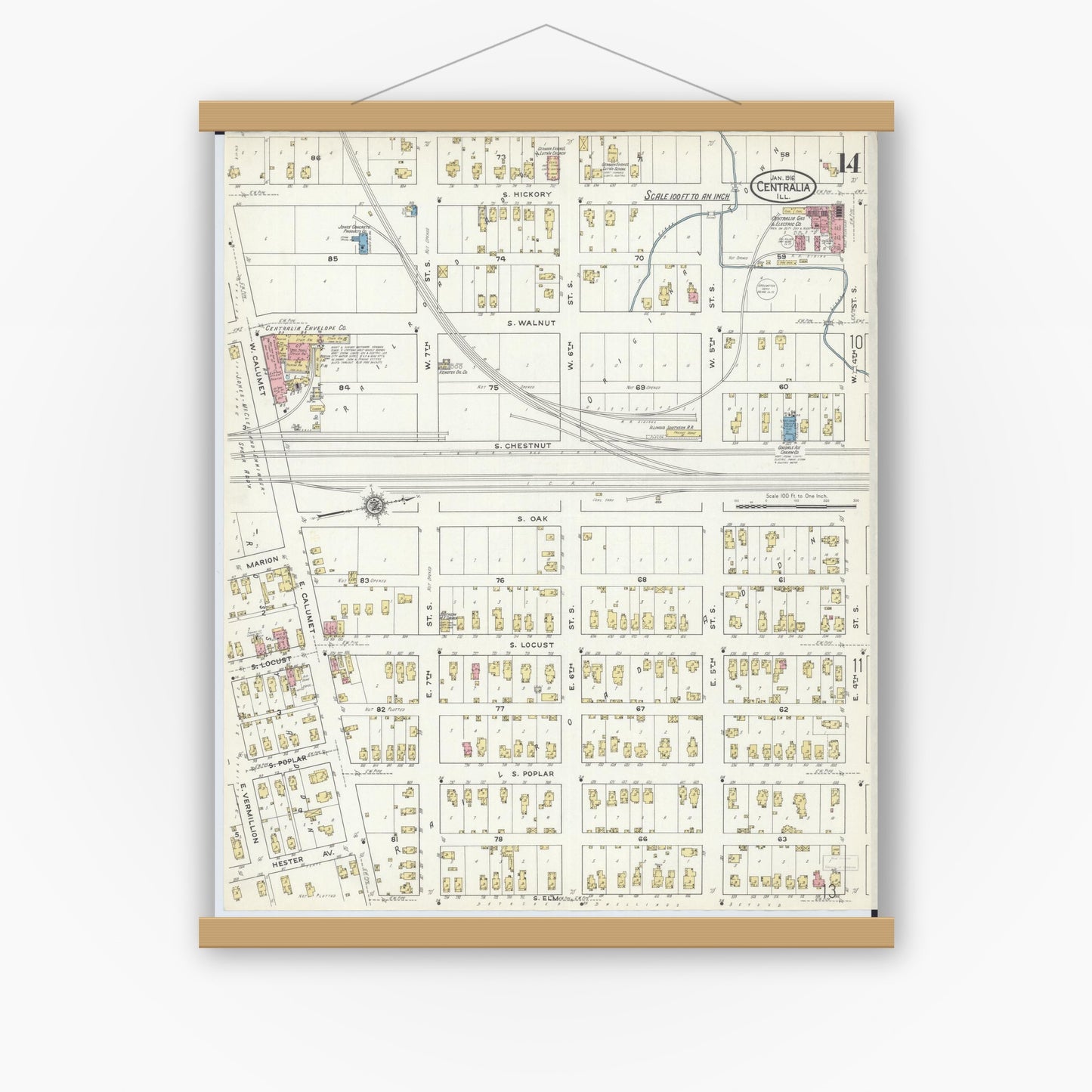 Old map wall art mockup — magnetic wood frame on white wall — Sanborn Fire Insurance Map from Centralia, Marion, Clinton, Jefferson, and Washington Counties, Illinois (1916), Sheet #0014