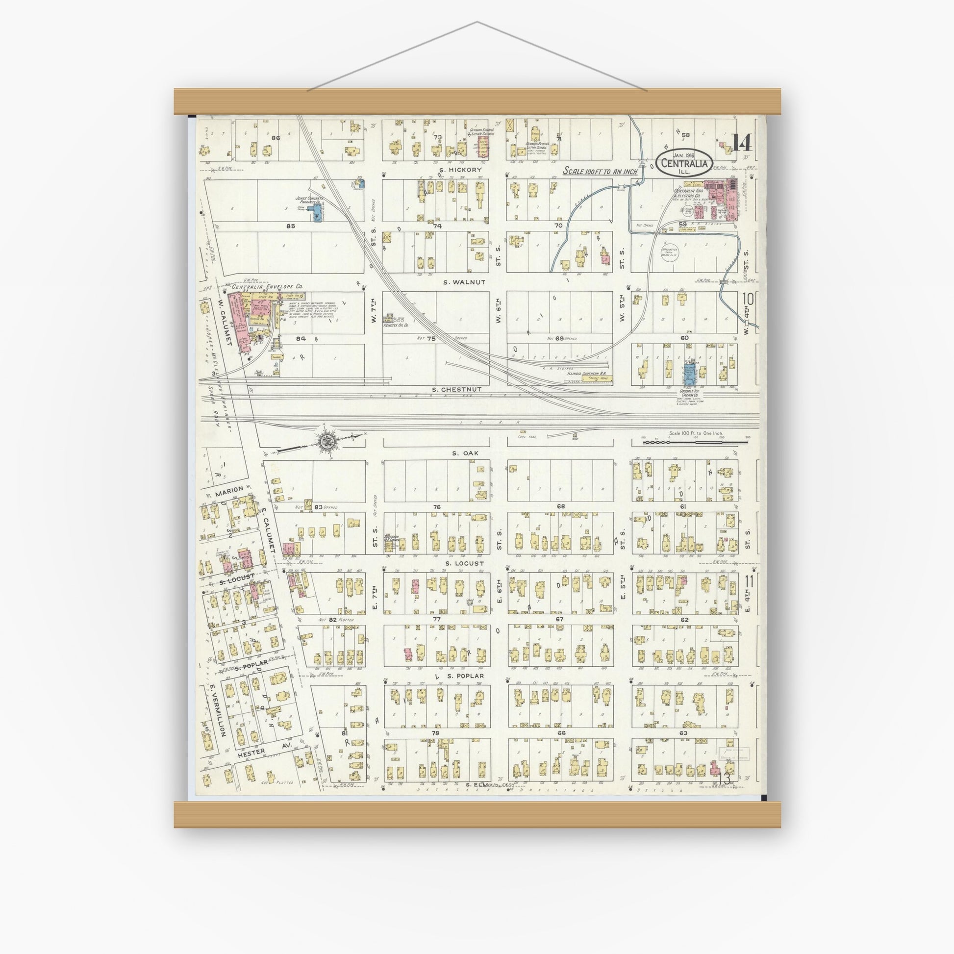Old map wall art mockup — magnetic wood frame on white wall — Sanborn Fire Insurance Map from Centralia, Marion, Clinton, Jefferson, and Washington Counties, Illinois (1916), Sheet #0014