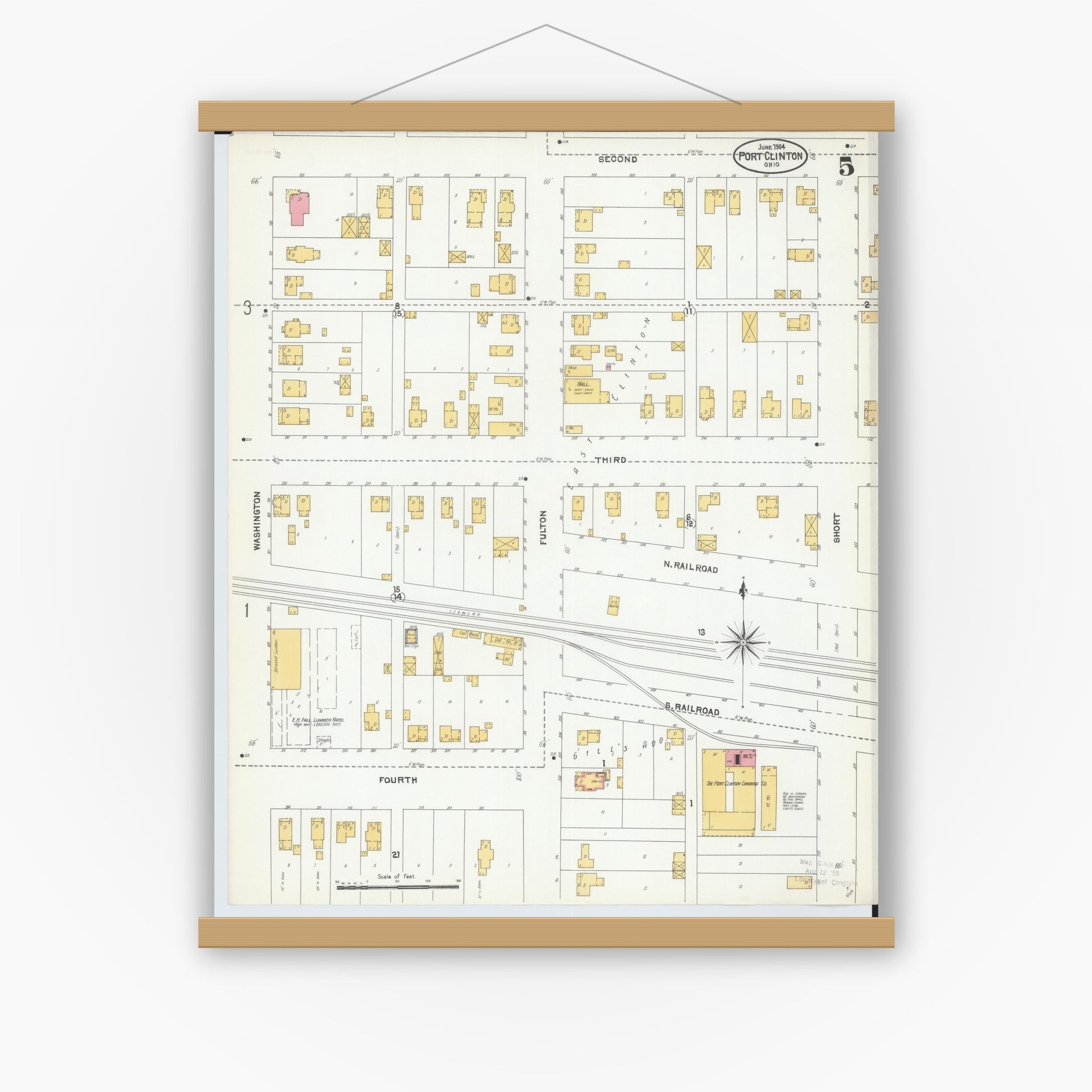 Old map wall art mockup — magnetic wood frame on white wall — Sanborn Fire Insurance Map from Port Clinton, Ottawa County, Ohio (1904), Sheet #0005