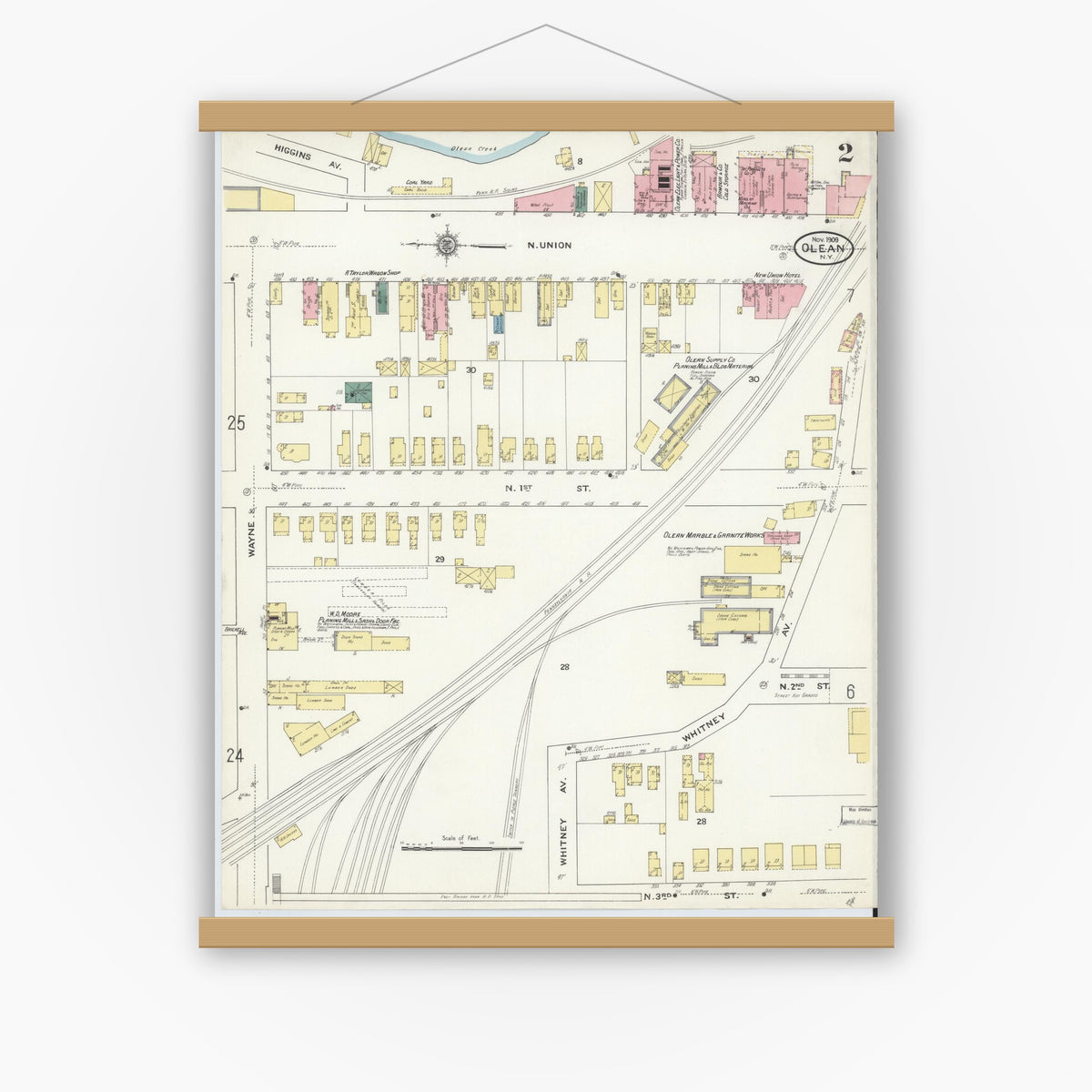 Old map wall art mockup — magnetic wood frame on white wall — Sanborn Fire Insurance Map from Olean, Cattaraugus County, New York (1909) - Complete Map Set