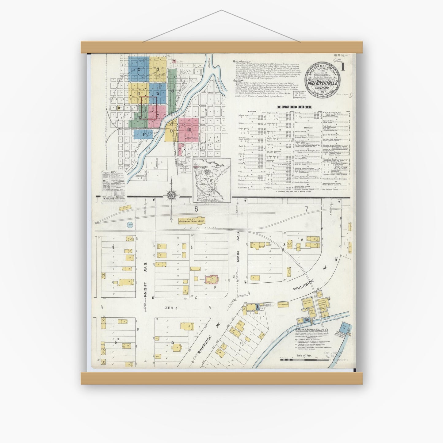 Old map wall art mockup — magnetic wood frame on white wall — Sanborn Fire Insurance Map from Thief River Falls, Pennington County, Minnesota (1916) - Complete Map Set