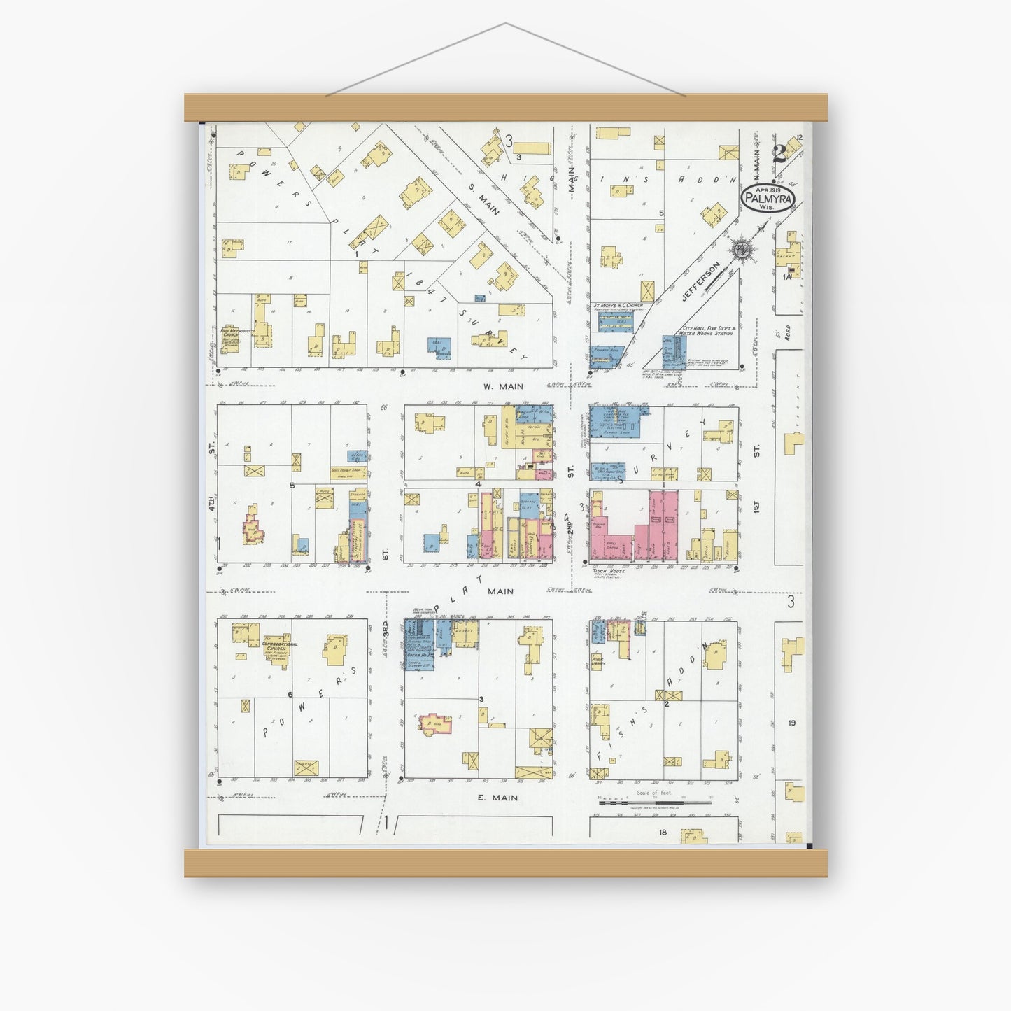 Old map wall art mockup — magnetic wood frame on white wall — Sanborn Fire Insurance Map from Palmyra, Jefferson County, Wisconsin (1919), Sheet #0002