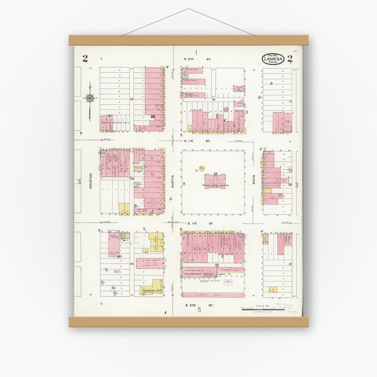 Old map wall art mockup — magnetic wood frame on white wall — Sanborn Fire Insurance Map from Lamesa, Dawson County, Texas (1925), Sheet #0002