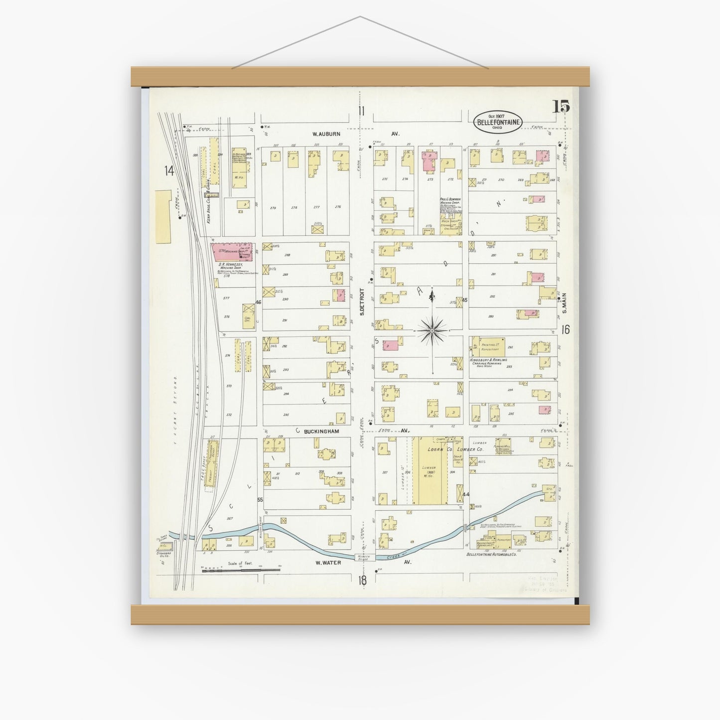 Old map wall art mockup — magnetic wood frame on white wall — Sanborn Fire Insurance Map from Bellefontaine, Logan County, Ohio (1907), Sheet #0015