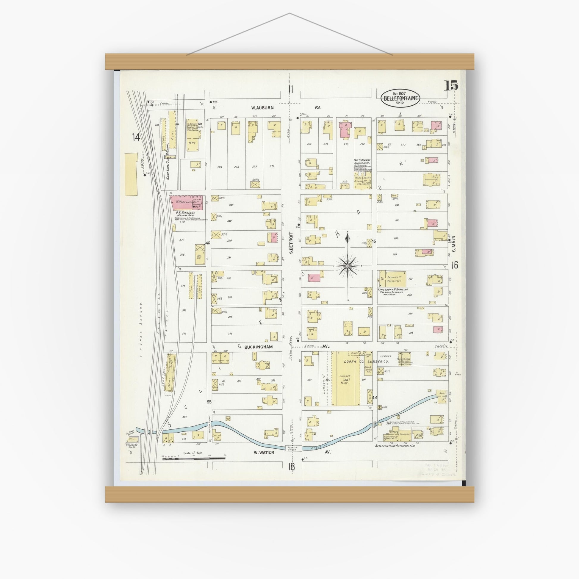 Old map wall art mockup — magnetic wood frame on white wall — Sanborn Fire Insurance Map from Bellefontaine, Logan County, Ohio (1907), Sheet #0015