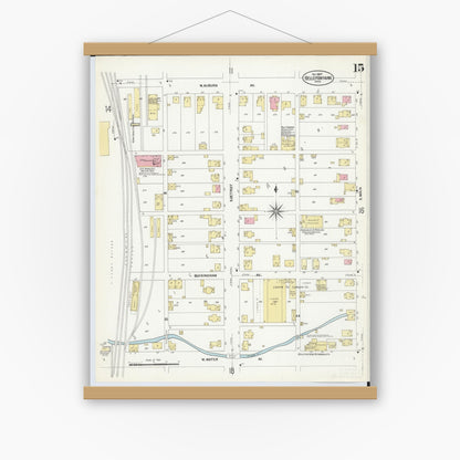 Old map wall art mockup — magnetic wood frame on white wall — Sanborn Fire Insurance Map from Bellefontaine, Logan County, Ohio (1907), Sheet #0015