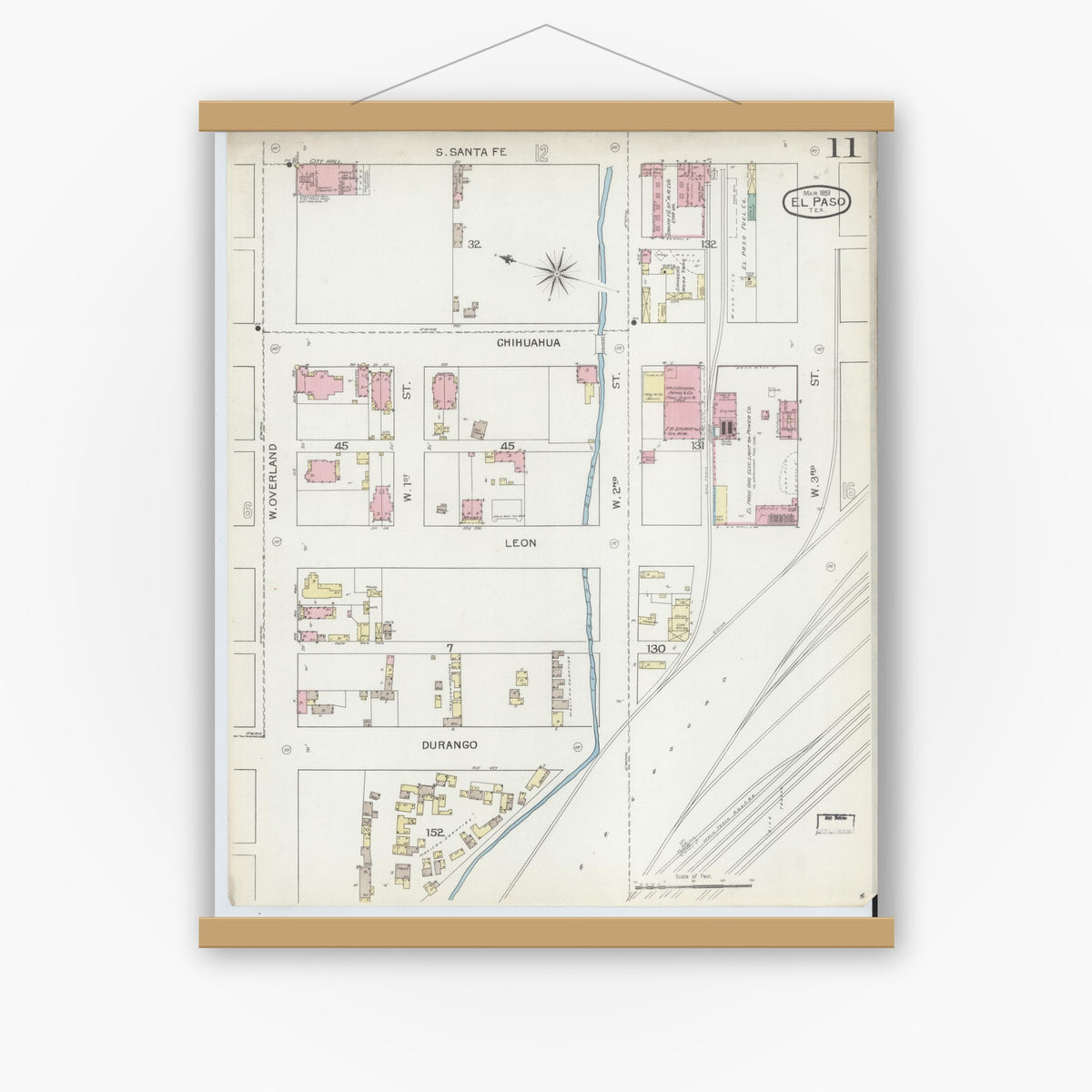 Old map wall art mockup — magnetic wood frame on white wall — Sanborn Fire Insurance Map from El Paso, El Paso County, Texas (1893), Sheet #0011