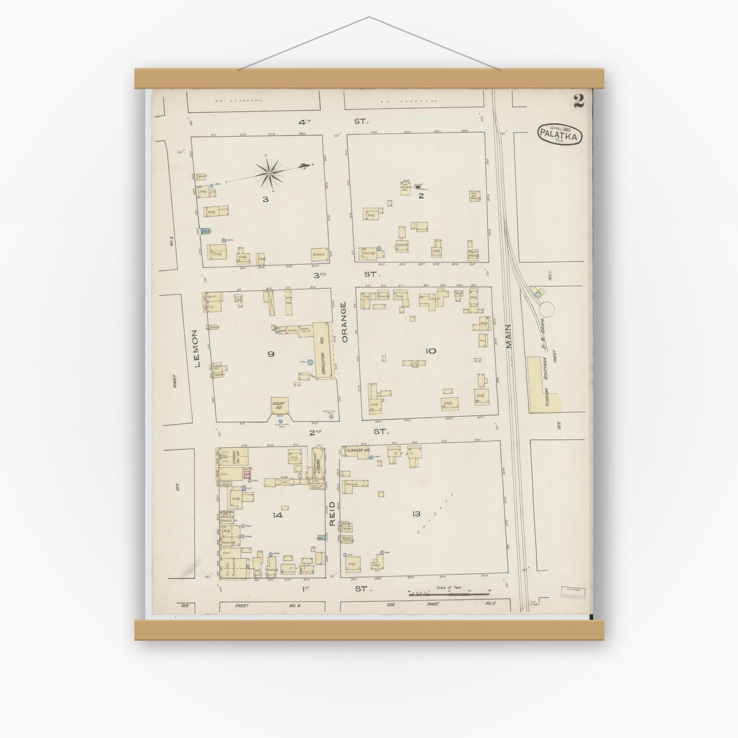 Old map wall art mockup — magnetic wood frame on white wall — Sanborn Fire Insurance Map from Palatka, Putnam County, Florida (1885), Sheet #0002