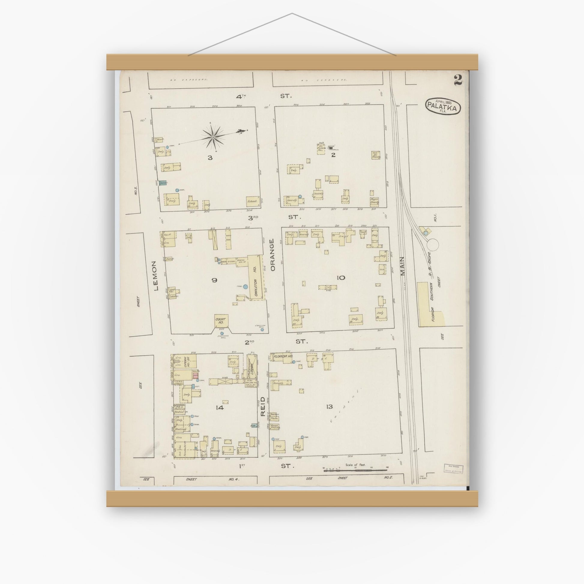 Old map wall art mockup — magnetic wood frame on white wall — Sanborn Fire Insurance Map from Palatka, Putnam County, Florida (1885), Sheet #0002