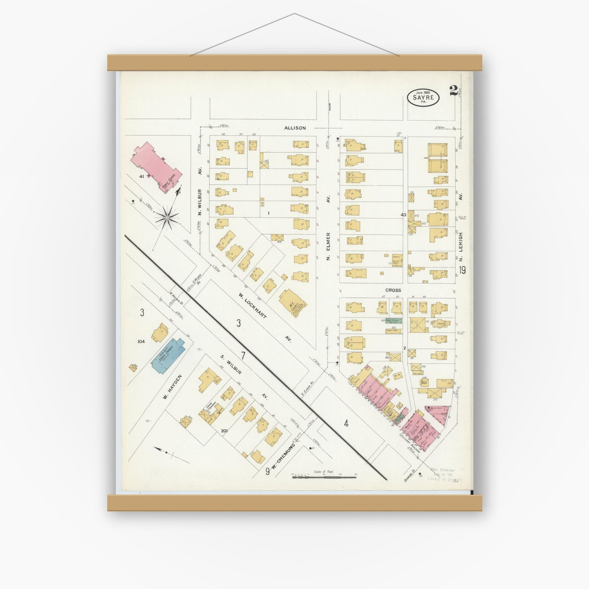 Old map wall art mockup — magnetic wood frame on white wall — Sanborn Fire Insurance Map from Sayre, Bradford County, Pennsylvania (1909), Sheet #0002