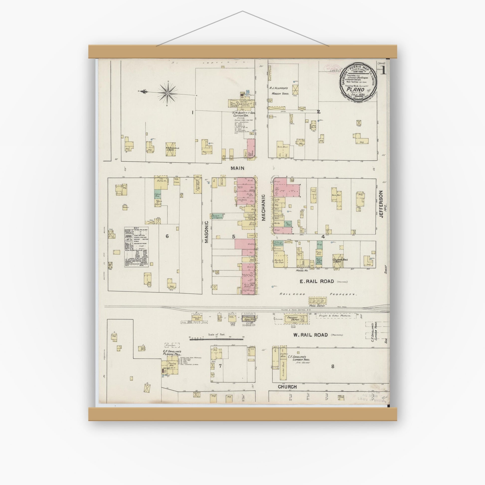 Old map wall art mockup — magnetic wood frame on white wall — Sanborn Fire Insurance Map from Plano, Collin County, Texas (1890), Sheet #0001