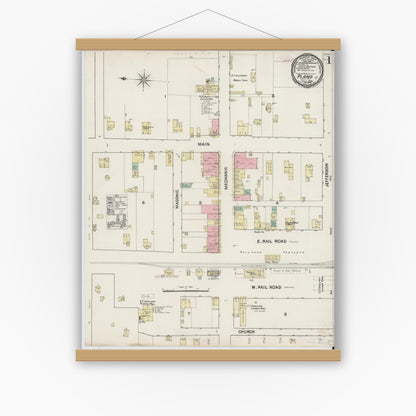 Old map wall art mockup — magnetic wood frame on white wall — Sanborn Fire Insurance Map from Plano, Collin County, Texas (1890), Sheet #0001