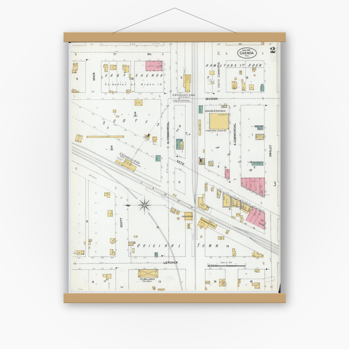 Old map wall art mockup — magnetic wood frame on white wall — Sanborn Fire Insurance Map from Chenoa, McLean County, Illinois (1901), Sheet #0002