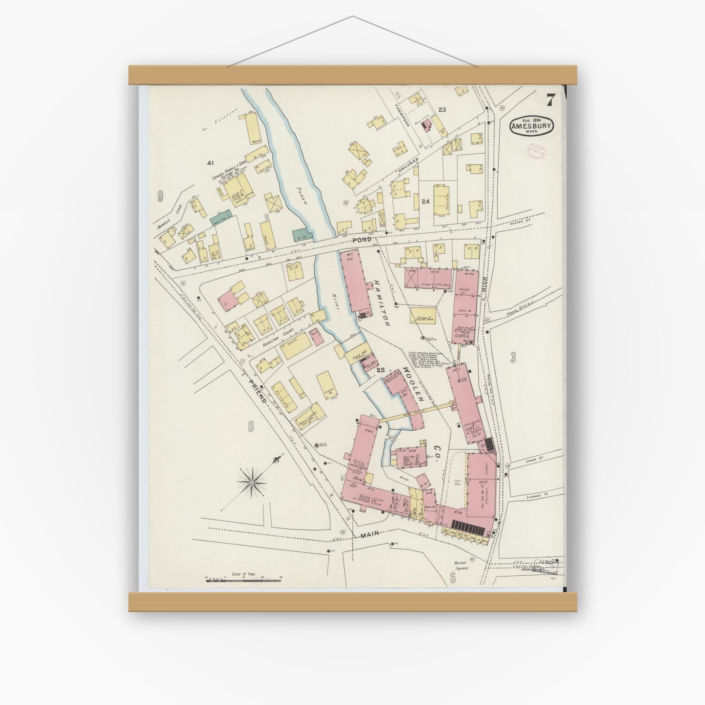 Old map wall art mockup — magnetic wood frame on white wall — Sanborn Fire Insurance Map from Amesbury, Essex County, Massachusetts (1894), Sheet #0007