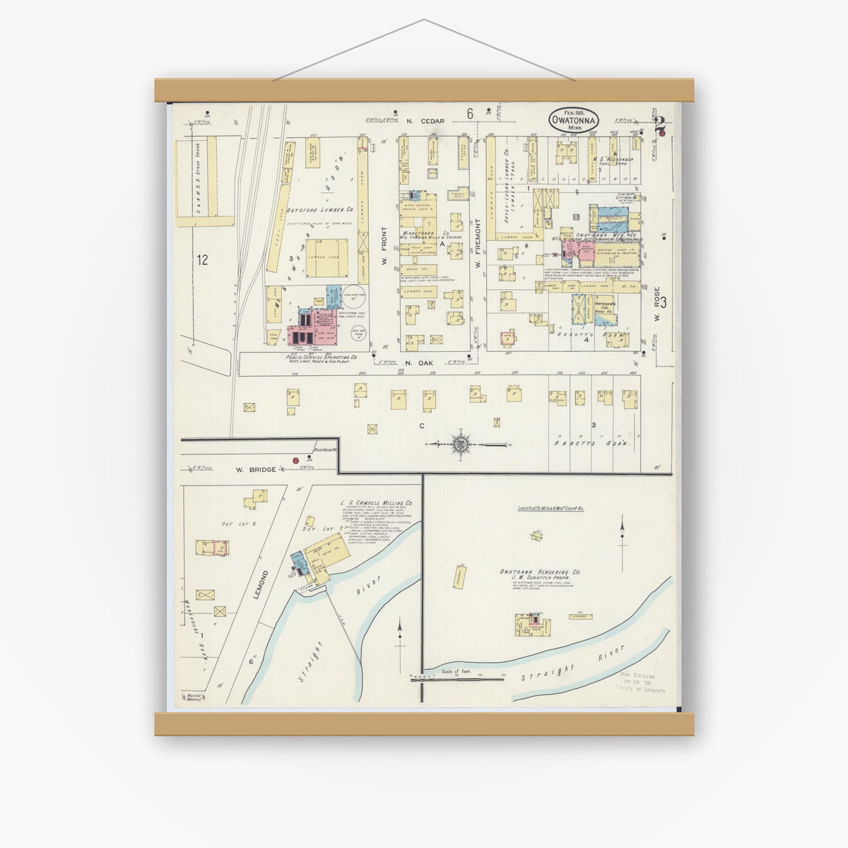 Old map wall art mockup — magnetic wood frame on white wall — Sanborn Fire Insurance Map from Owatonna, Steele County, Minnesota (1915), Sheet #0002