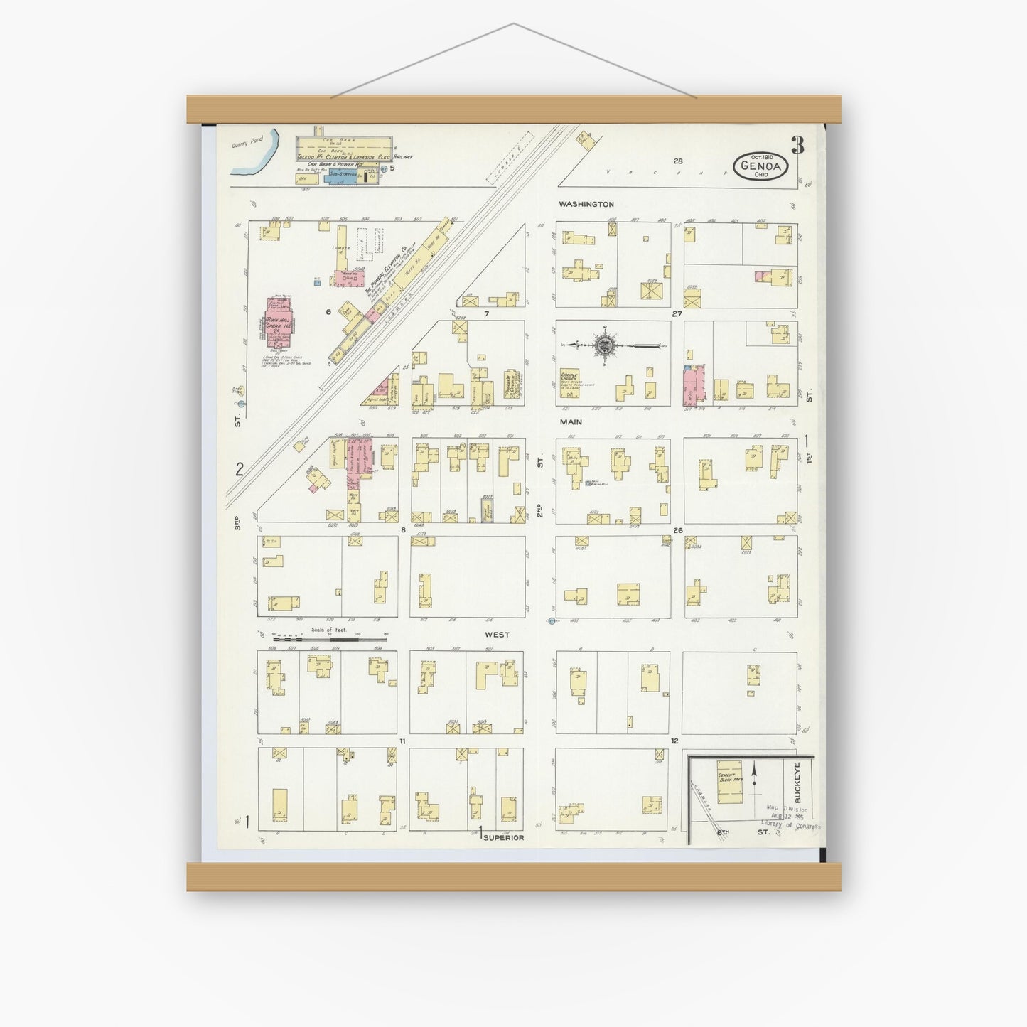 Old map wall art mockup — magnetic wood frame on white wall — Sanborn Fire Insurance Map from Genoa, Ottawa County, Ohio (1910), Sheet #0003