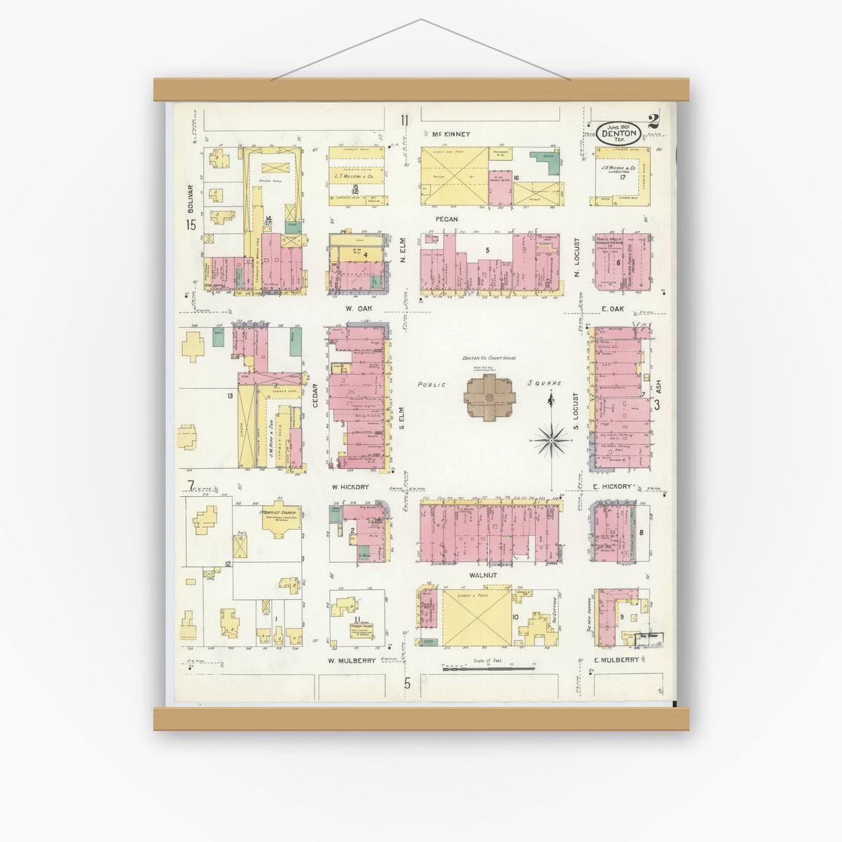 Old map wall art mockup — magnetic wood frame on white wall — Sanborn Fire Insurance Map from Denton, Denton County, Texas (1907), Sheet #0002