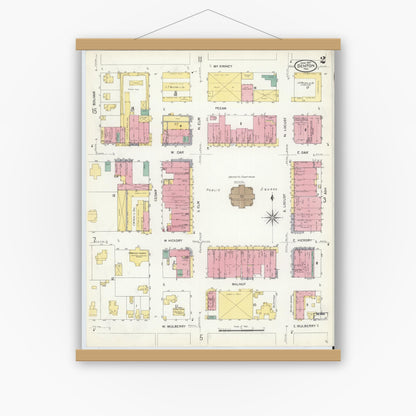 Old map wall art mockup — magnetic wood frame on white wall — Sanborn Fire Insurance Map from Denton, Denton County, Texas (1907), Sheet #0002