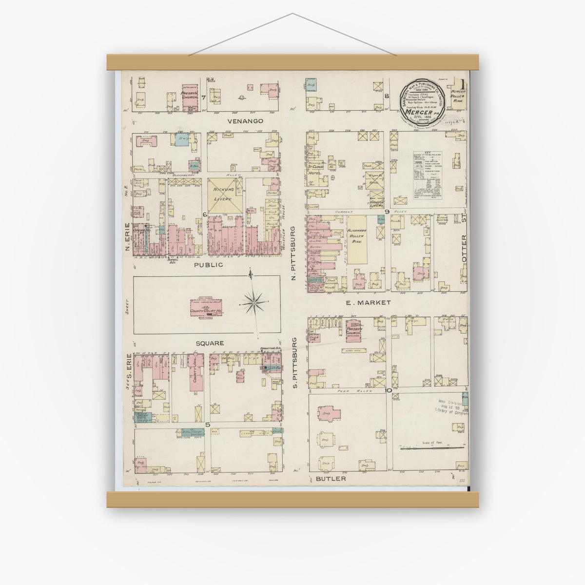 Old map wall art mockup — magnetic wood frame on white wall — Sanborn Fire Insurance Map from Mercer, Mercer County, Pennsylvania (1886) - Complete Map Set