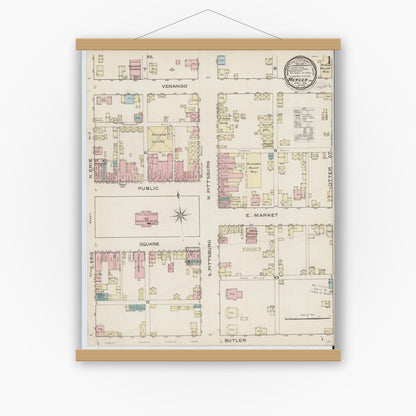 Old map wall art mockup — magnetic wood frame on white wall — Sanborn Fire Insurance Map from Mercer, Mercer County, Pennsylvania (1886) - Complete Map Set