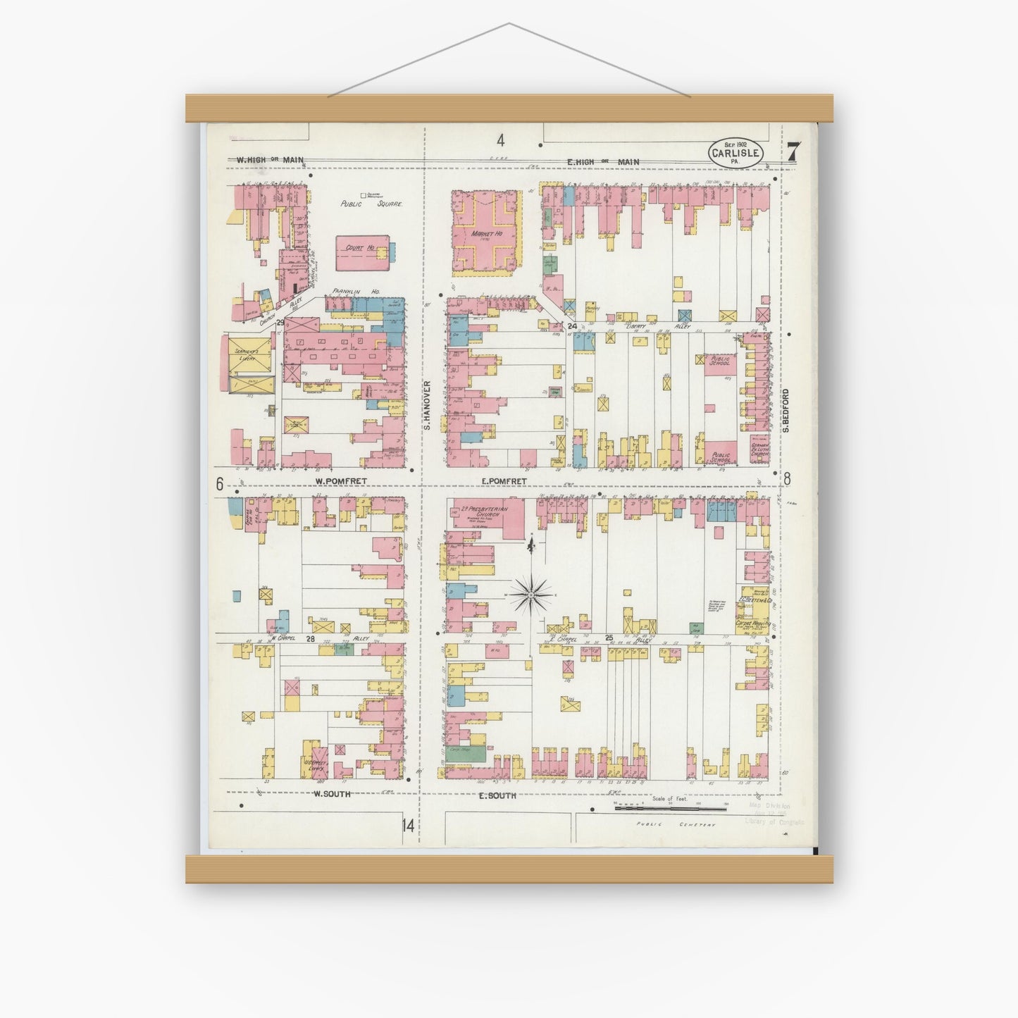 Old map wall art mockup — magnetic wood frame on white wall — Sanborn Fire Insurance Map from Carlisle, Cumberland County, Pennsylvania (1902), Sheet #0007