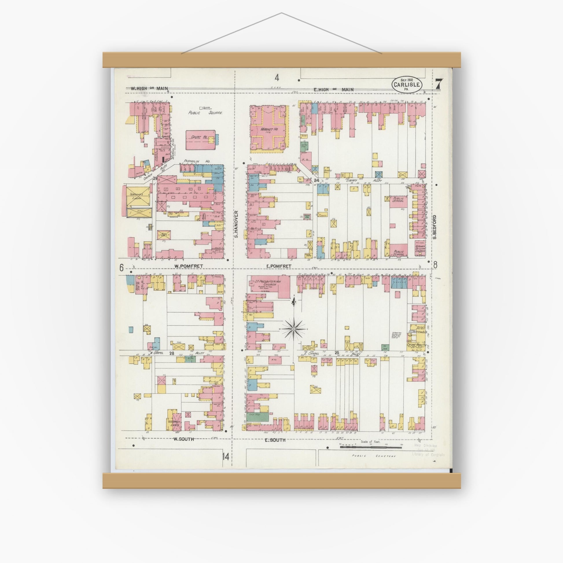 Old map wall art mockup — magnetic wood frame on white wall — Sanborn Fire Insurance Map from Carlisle, Cumberland County, Pennsylvania (1902), Sheet #0007