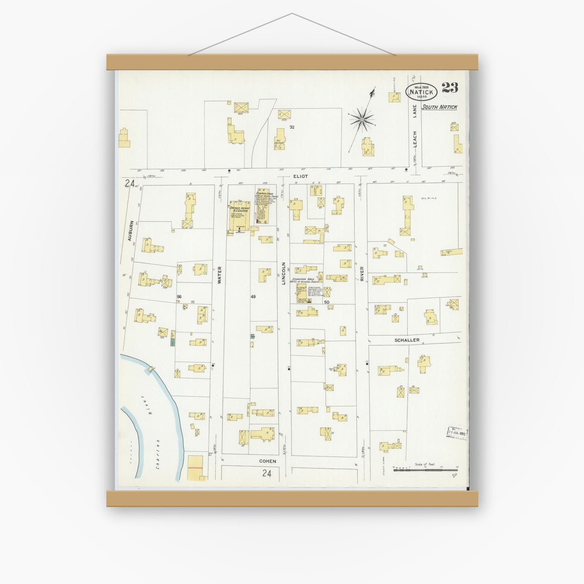 Old map wall art mockup — magnetic wood frame on white wall — Sanborn Fire Insurance Map from Natick, Middlesex County, Massachusetts (1909), Sheet #0023