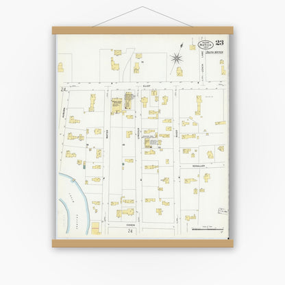 Old map wall art mockup — magnetic wood frame on white wall — Sanborn Fire Insurance Map from Natick, Middlesex County, Massachusetts (1909), Sheet #0023