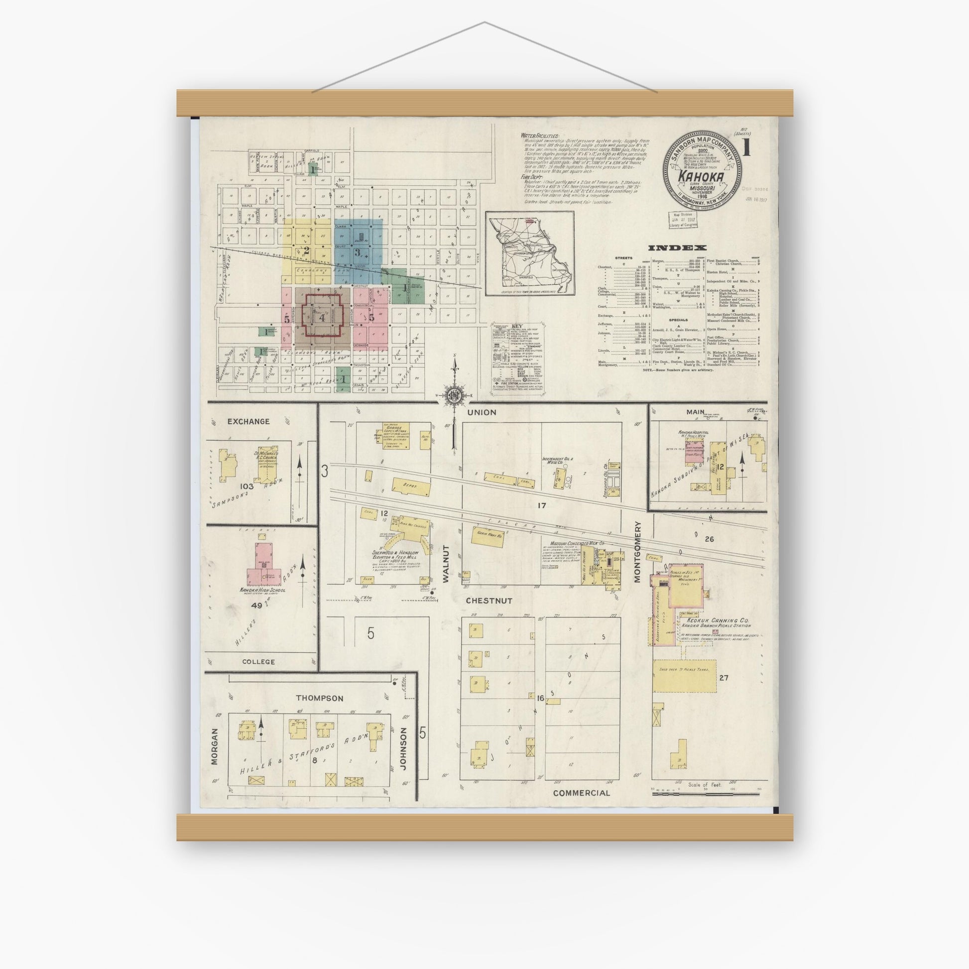 Old map wall art mockup — magnetic wood frame on white wall — Sanborn Fire Insurance Map from Kahoka, Clark County, Missouri (1916) - Complete Map Set