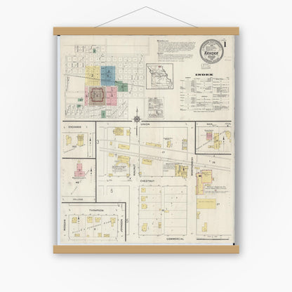 Old map wall art mockup — magnetic wood frame on white wall — Sanborn Fire Insurance Map from Kahoka, Clark County, Missouri (1916) - Complete Map Set