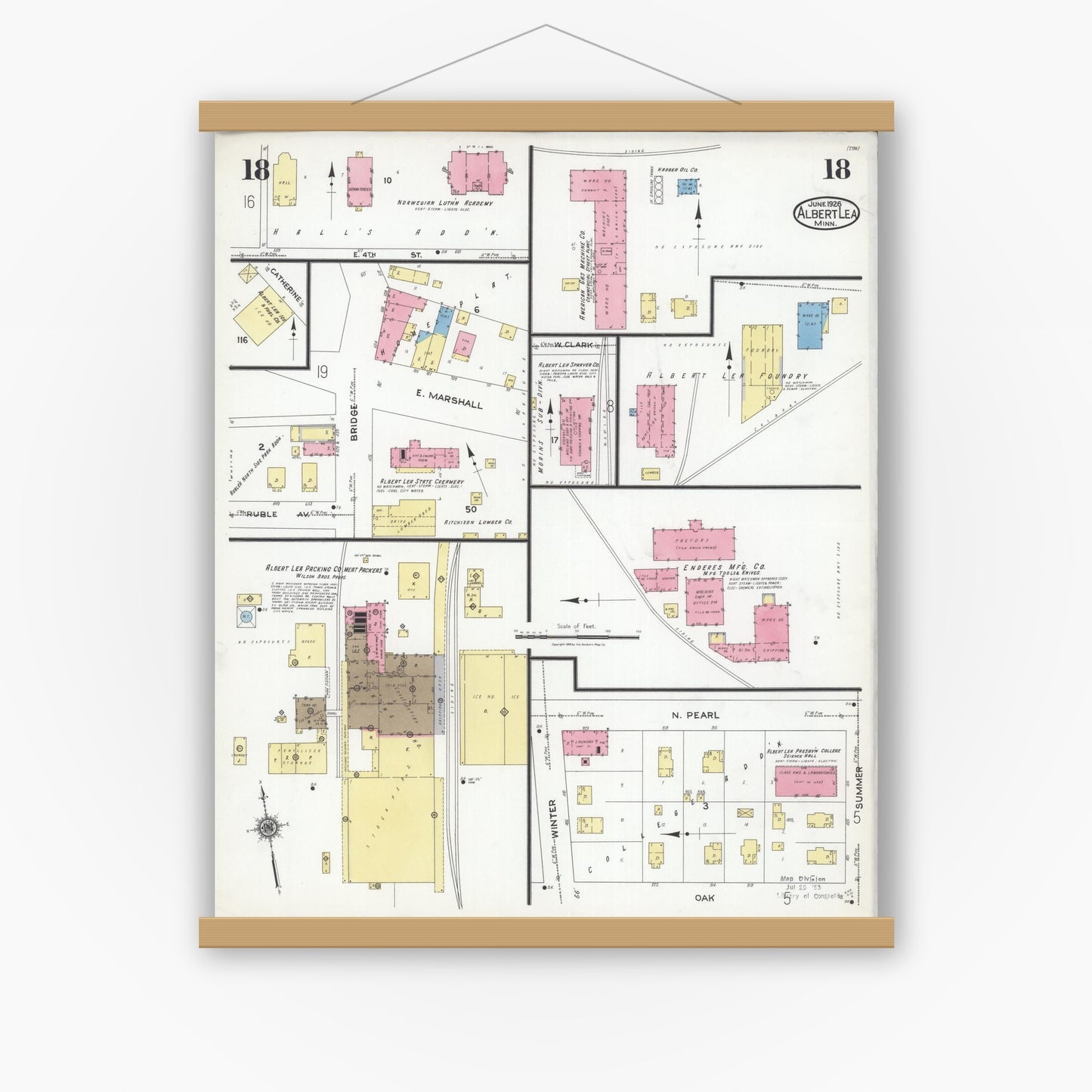 Old map wall art mockup — magnetic wood frame on white wall — Sanborn Fire Insurance Map from Albert Lea, Freeborn County, Minnesota (1926), Sheet #0018