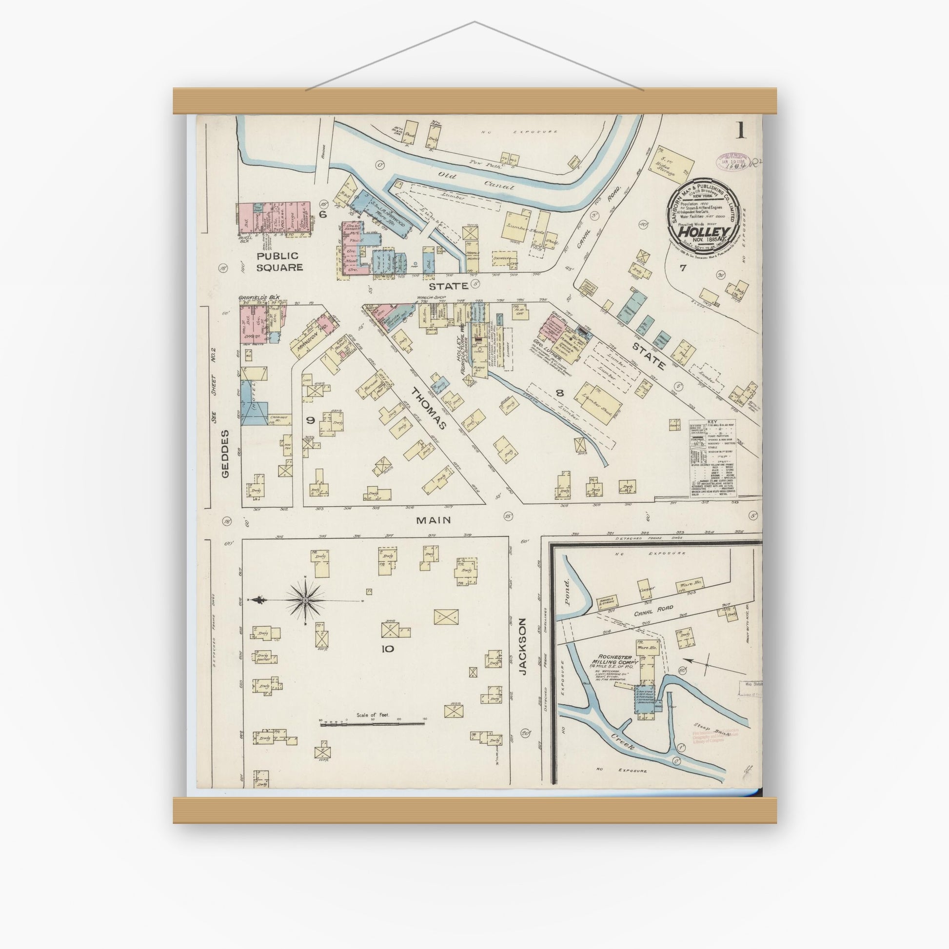 Old map wall art mockup — magnetic wood frame on white wall — Sanborn Fire Insurance Map from Holley, Orleans County, New York (1885), Sheet #0001
