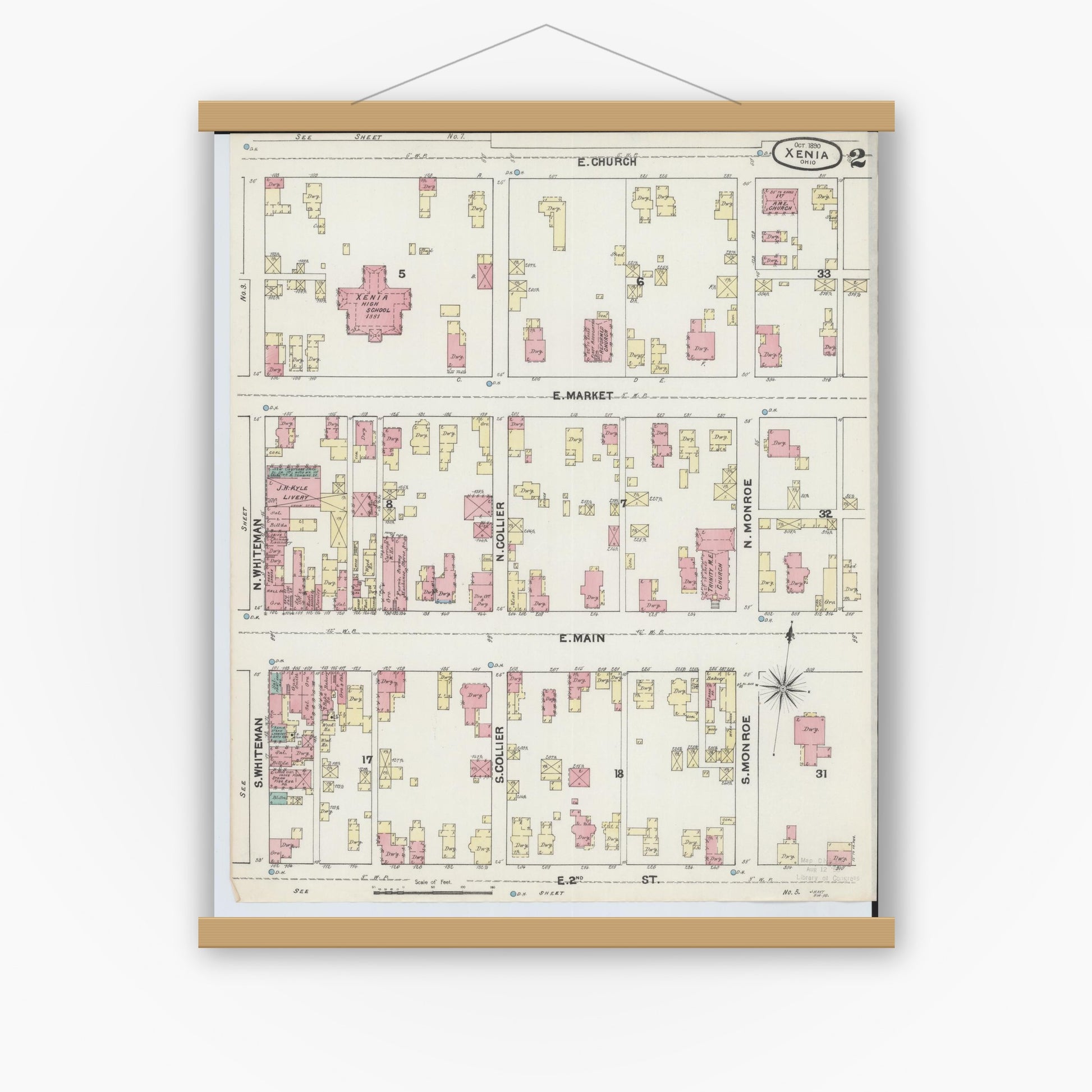 Old map wall art mockup — magnetic wood frame on white wall — Sanborn Fire Insurance Map from Xenia, Greene County, Ohio (1890), Sheet #0002