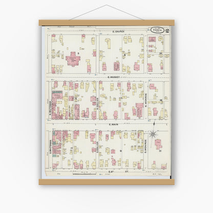 Old map wall art mockup — magnetic wood frame on white wall — Sanborn Fire Insurance Map from Xenia, Greene County, Ohio (1890), Sheet #0002