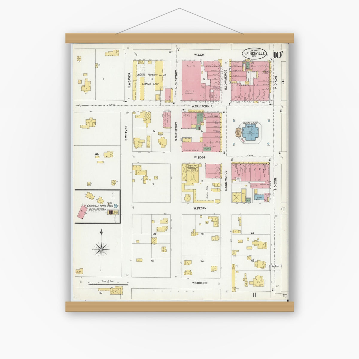 Old map wall art mockup — magnetic wood frame on white wall — Sanborn Fire Insurance Map from Gainesville, Cooke County, Texas (1902), Sheet #0010