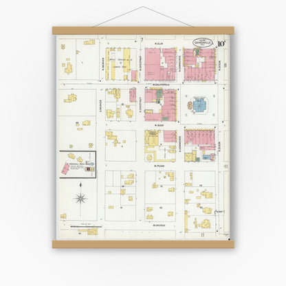 Old map wall art mockup — magnetic wood frame on white wall — Sanborn Fire Insurance Map from Gainesville, Cooke County, Texas (1902), Sheet #0010
