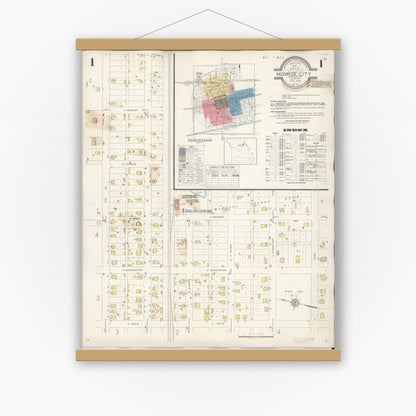 Old map wall art mockup — magnetic wood frame on white wall — Sanborn Fire Insurance Map from Monroe City, Monroe County, Missouri (1943) - Complete Map Set