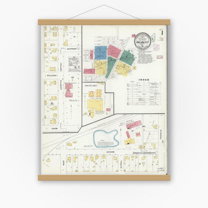 Old map wall art mockup — magnetic wood frame on white wall — Sanborn Fire Insurance Map from Oakland City, Gibson County, Indiana (1907) - Complete Map Set