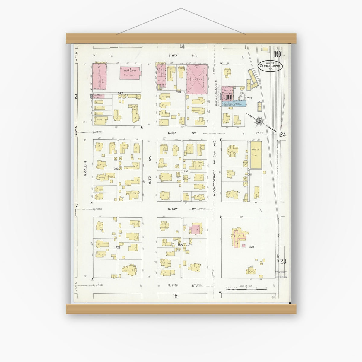 Old map wall art mockup — magnetic wood frame on white wall — Sanborn Map from Corsicana, Navarro County, Texas (1910), Sheet #0019