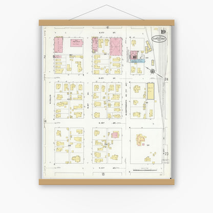 Old map wall art mockup — magnetic wood frame on white wall — Sanborn Map from Corsicana, Navarro County, Texas (1910), Sheet #0019