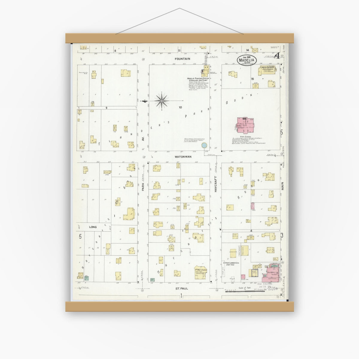 Old map wall art mockup — magnetic wood frame on white wall — Sanborn Fire Insurance Map from Madelia, Watonwan County, Minnesota (1908), Sheet #0004