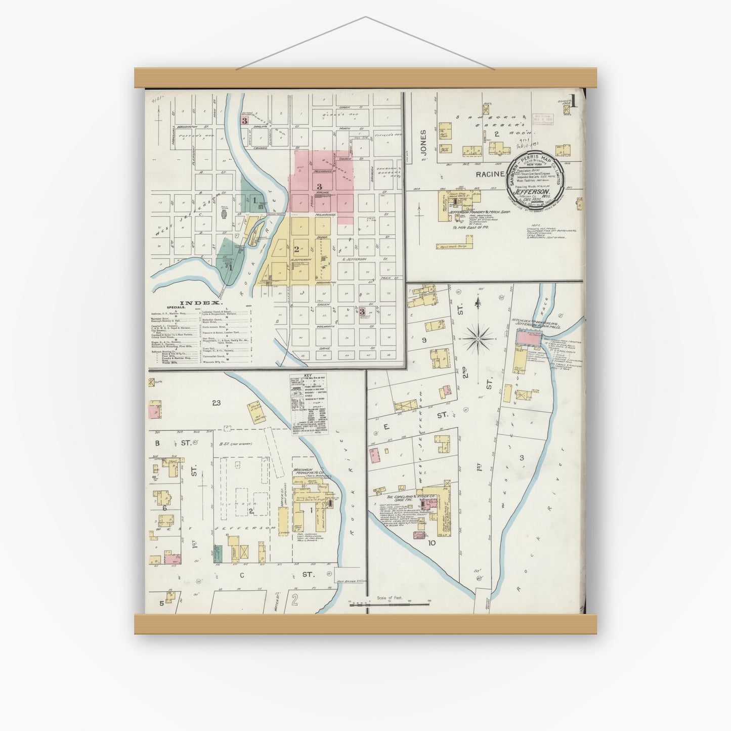 Old map wall art mockup — magnetic wood frame on white wall — Sanborn Fire Insurance Map from Jefferson, Jefferson County, Wisconsin (1892), Sheet #0001