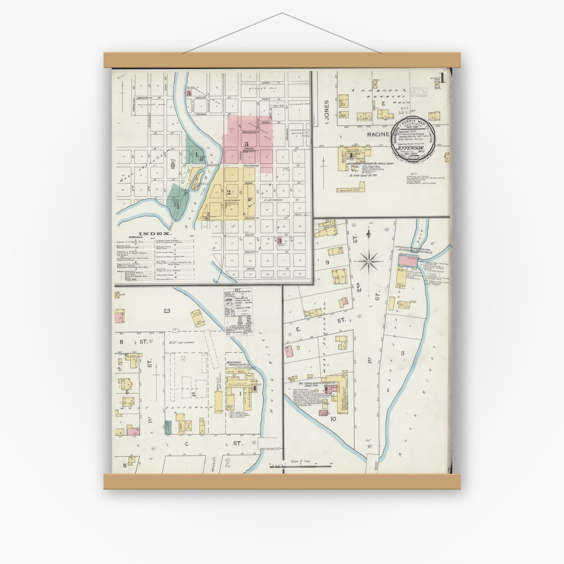 Old map wall art mockup — magnetic wood frame on white wall — Sanborn Fire Insurance Map from Jefferson, Jefferson County, Wisconsin (1892), Sheet #0001