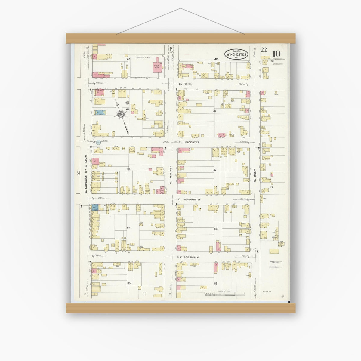 Old map wall art mockup — magnetic wood frame on white wall — Sanborn Fire Insurance Map from Winchester, Independent Cities, Virginia (1912), Sheet #0010