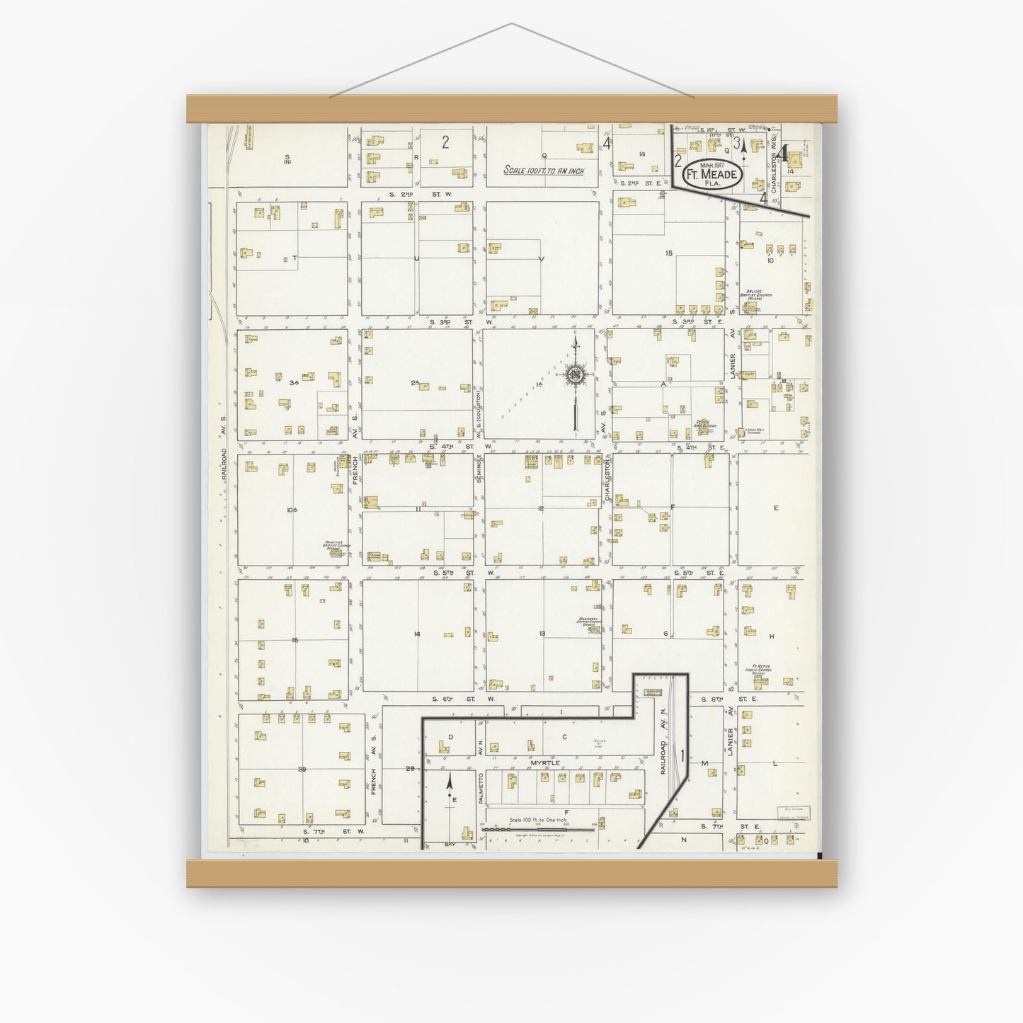 Old map wall art mockup — magnetic wood frame on white wall — Sanborn Fire Insurance Map from Fort Meade, Polk County, Florida (1917), Sheet #0004