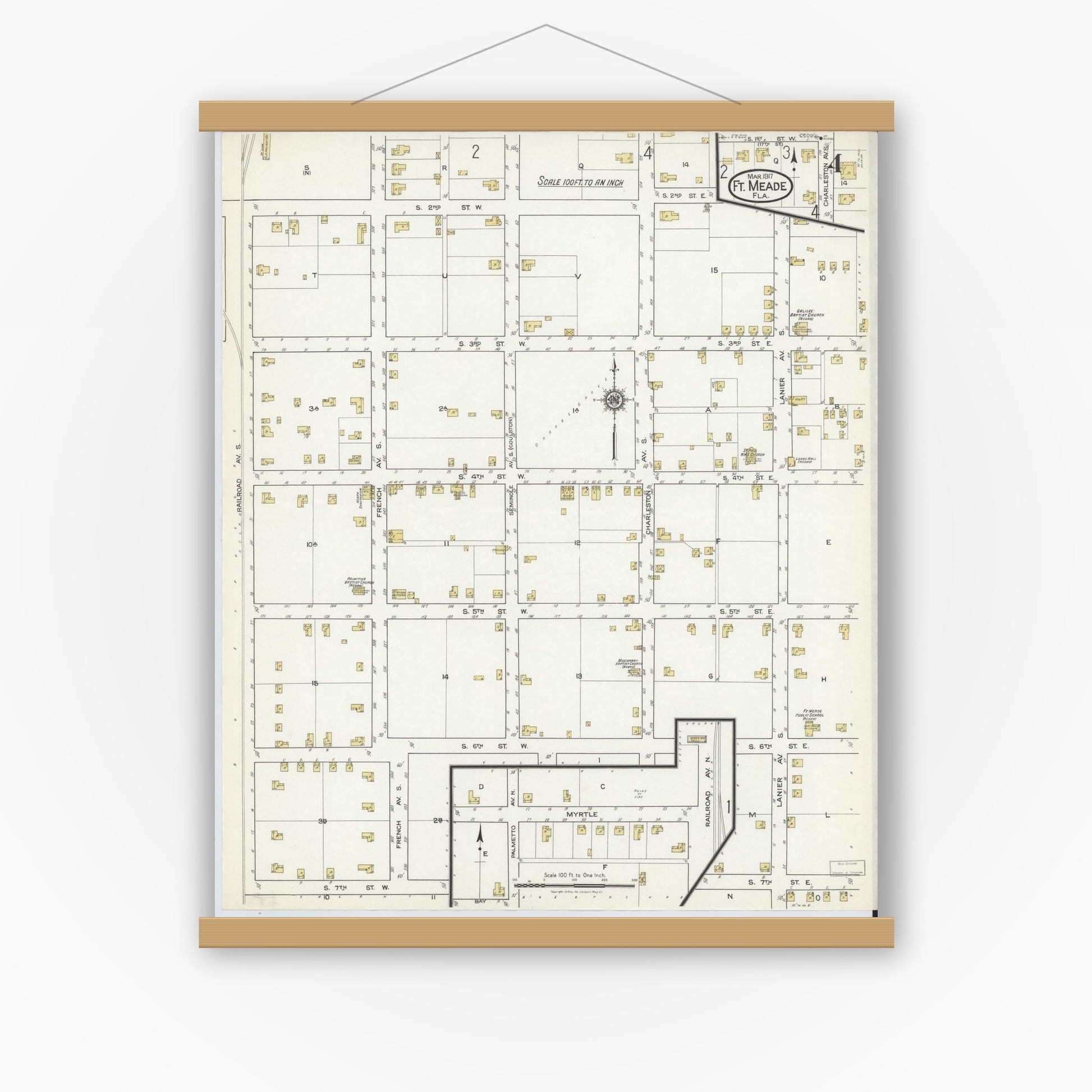 Old map wall art mockup — magnetic wood frame on white wall — Sanborn Fire Insurance Map from Fort Meade, Polk County, Florida (1917), Sheet #0004