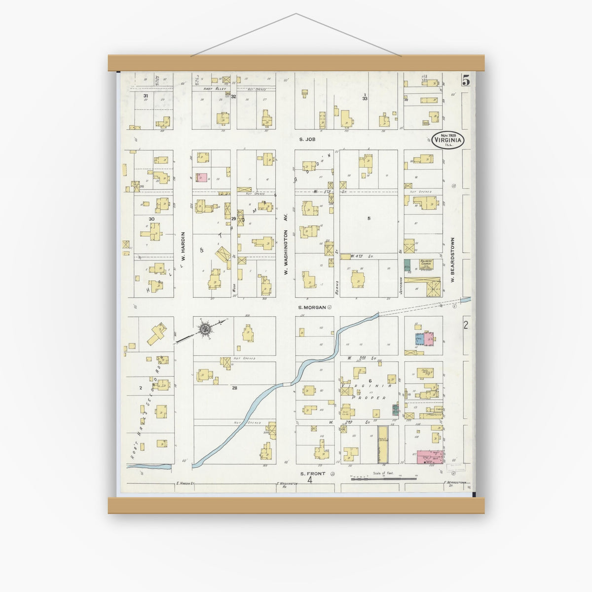 Old map wall art mockup — magnetic wood frame on white wall — Sanborn Fire Insurance Map from Virginia, Cass County, Illinois (1909), Sheet #0005