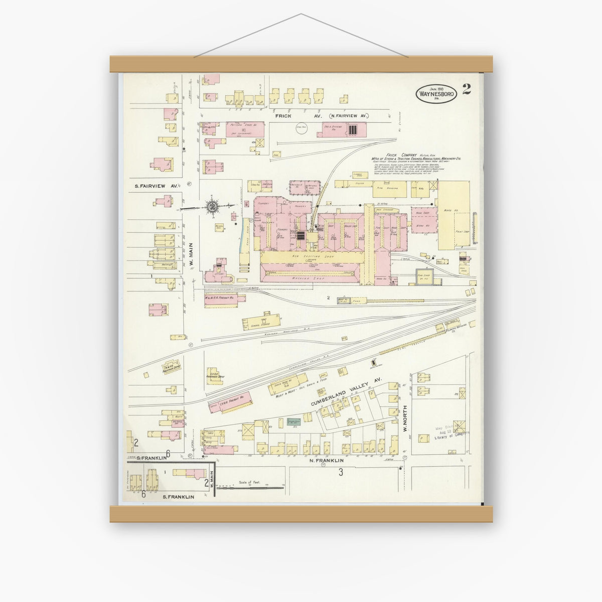 Old map wall art mockup — magnetic wood frame on white wall — Sanborn Fire Insurance Map from Waynesboro, Franklin County, Pennsylvania (1910), Sheet #0002