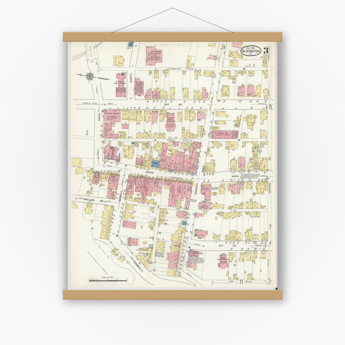 Old map wall art mockup — magnetic wood frame on white wall — Sanborn Fire Insurance Map from Slatington, Lehigh County, Pennsylvania (1913), Sheet #0003
